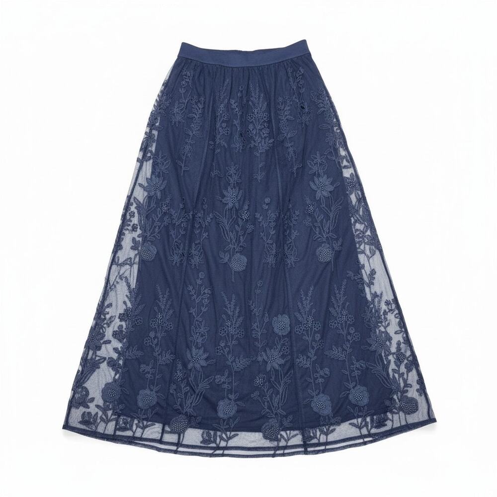 NEW Soft Surroundings XS Navy Blue Zuri Embroidered Mesh Skirt Floral Boho